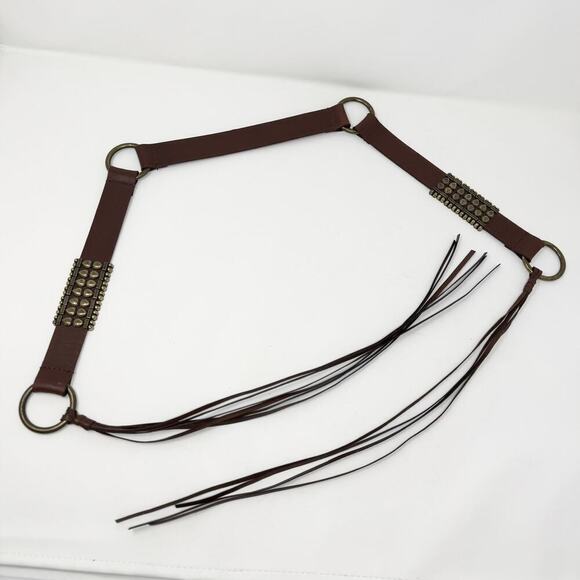 Brown Leather Brass Ring Tie Belt Sliding Brass Bars Fringe Belt Women\'s L Boho